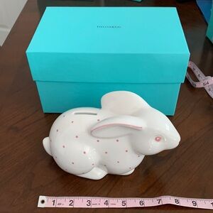 New with blue box Bunny bank white and pink dots and never used, authentic